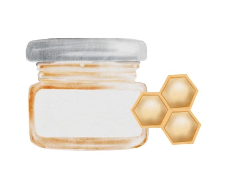 Honey jar watercolor. Hand drawn canned sweet bee product. Food clip art. Ideal for farm products and natural cosmetics packaging. High quality illustration