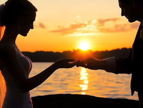 Bride and groom holding hands in silhouette during a romantic sunset by the water, symbolic wedding moment full of love, warmth, and serenity, golden hour with vivid colors and emotional ambiance