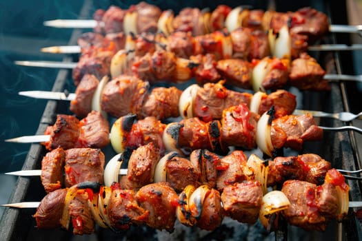 Succulent meat and fresh vegetables are skewered and grilling on a barbecue. The smoky aroma fills the air on a warm summer day. Friends and family gather around, enjoying good food and company.
