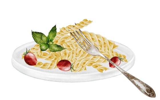 Fusili pasta on a plate with a fork, watercolor painting. Hand drawn italian macaroni with tomatoes and basil on white background. Food clip art. Ideal for pasta packaging, restaurant menus and posters. High quality illustration