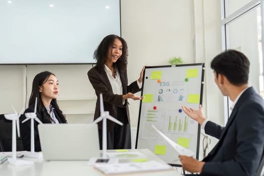 In a dynamic atmosphere, a woman leads an engaging discussion about ESG initiatives, showcasing key performance indicators on a board while her team attentively listens and participates.