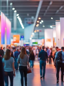 Vertical view of a busy exhibition hall filled with visitors walking among modern illuminated booths, vibrant colors and depth of field capturing the dynamic atmosphere of the trade show