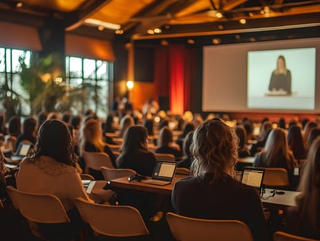 Large group of people attending a conference or seminar, with audience facing the big screen displaying a speaker, in a professional business setting with warm lighting, vertical orientation