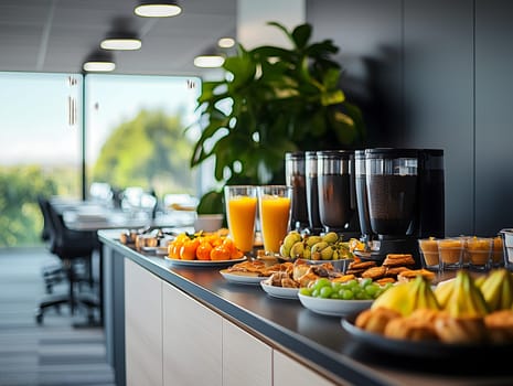 Modern office buffet setup with coffee, juice, fruits and snacks prepared for corporate breakfast, event or meeting, ideal for business lifestyle and workplace concepts, AI generated