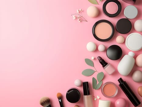 A variety of beauty and cosmetic products including brushes, lipsticks, and skincare items arranged on a soft pink background. Perfect for beauty advertisements, cosmetic packaging, and product branding.