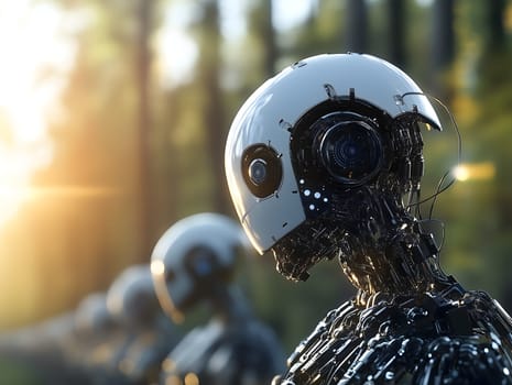 Line of futuristic AI robots standing in a forest during sunrise, blending advanced artificial intelligence with natural landscape, concept of harmony between nature and machine, selective focus