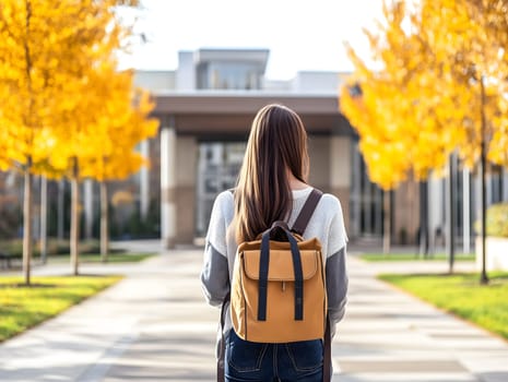 Young student with brown backpack walking toward a modern campus building during autumn, rear view, vibrant yellow trees framing the scene, educational and seasonal concept