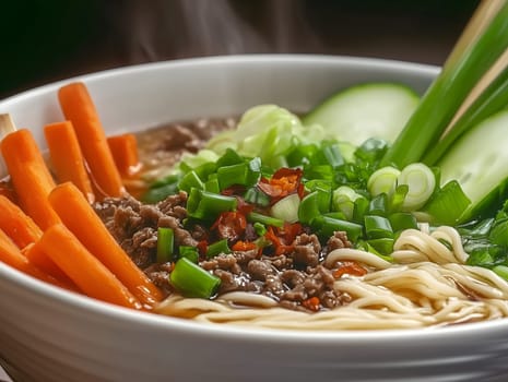 Delicious steaming bowl of ramen noodles topped with ground beef, carrots, green onions, cucumber slices, and spicy chili flakes, capturing vibrant ingredients and comforting food presentation