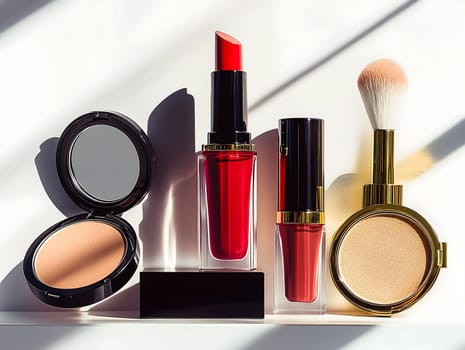AI generated image of assorted cosmetic items arranged in sunlight, featuring lipstick, powder, brush and gloss