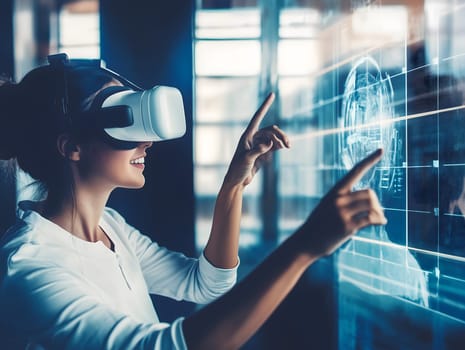 A woman wearing virtual reality (VR) glasses and interacting with a futuristic VR interface. The image highlights the advanced technology, immersive experiences, and virtual reality in action.