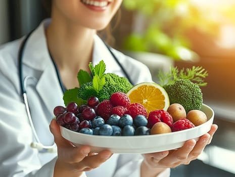 A doctor holding a plate filled with fresh fruits and vegetables, promoting a healthy lifestyle and balanced nutrition. The image represents wellness, health advice, and a focus on healthy eating habits.