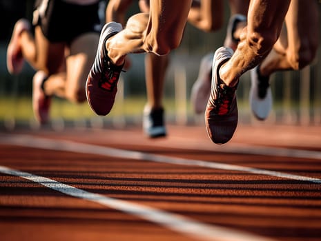 Close-up of athletes' legs in mid-sprint on a running track during a professional outdoor race, showcasing power, motion, and competition under natural daylight in a sports stadium