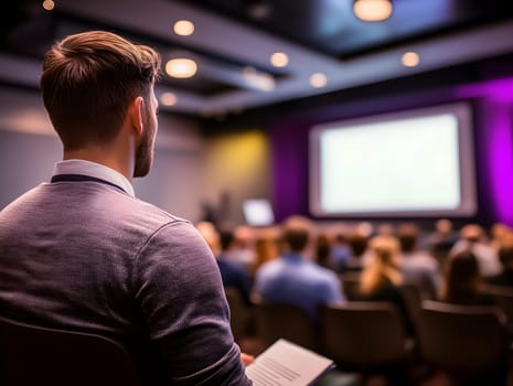 Rear view of a businessman attending a corporate seminar in a modern conference room, watching a large screen during a business presentation with an audience under warm ambient lighting