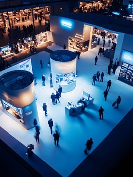 Busy exhibition hall with multiple people visiting different booths and displays. The large, brightly lit space is filled with attendees in a professional business event, showcasing a modern trade show atmosphere