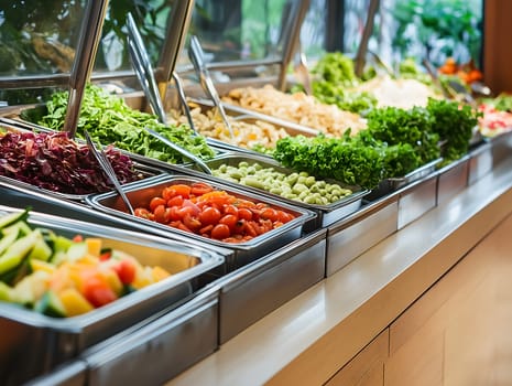 Fresh vegetable salad bar with colorful ingredients like tomatoes, lettuce, cucumbers, beets, and chickpeas in a self-service buffet setup, healthy food concept, AI generated