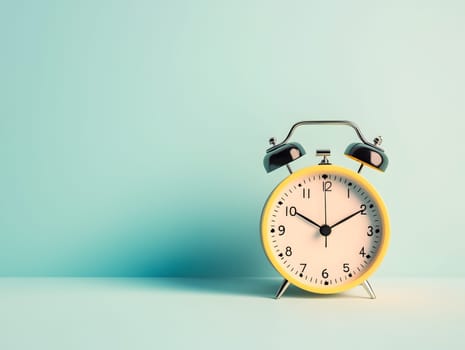 AI generated image of classic yellow twin-bell alarm clock standing on a flat surface with pastel blue background and minimal shadow, evoking a retro style and calm atmosphere