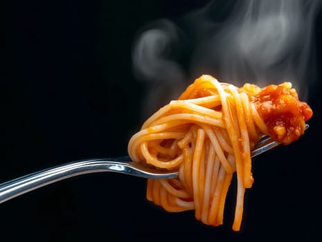 AI generated image of freshly cooked spaghetti with red tomato sauce and steam rising from fork, isolated on black background showing hot Italian pasta meal