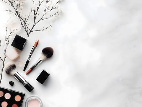 AI generated image of various makeup items including compact powders, brushes and lipsticks neatly arranged on a clean white marble surface in a soft and elegant flat lay composition
