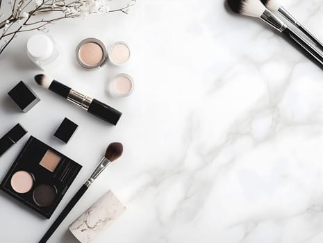 AI generated image of various makeup items including compact powders, brushes and lipsticks neatly arranged on a clean white marble surface in a soft and elegant flat lay composition