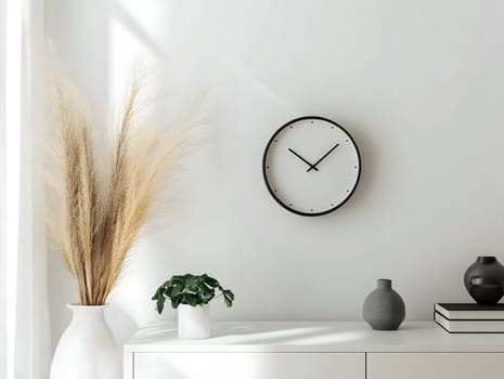 AI generated image of a clean minimalist interior featuring a wall clock, ornamental vases, green plant, stacked books and soft sunlight casting shadows on a white wall
