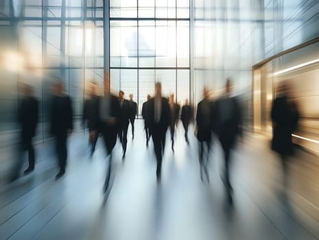 AI generated vertical image of group of business professionals walking through a corporate glass hallway with dynamic motion blur effect, symbolizing speed, teamwork and modern work culture