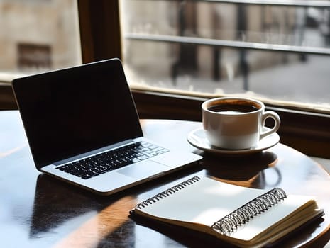 AI generated image of a laptop, spiral notebook and hot coffee cup placed on a wooden table beside a window in a warm and quiet cafe setting, ideal for remote work or creative writing