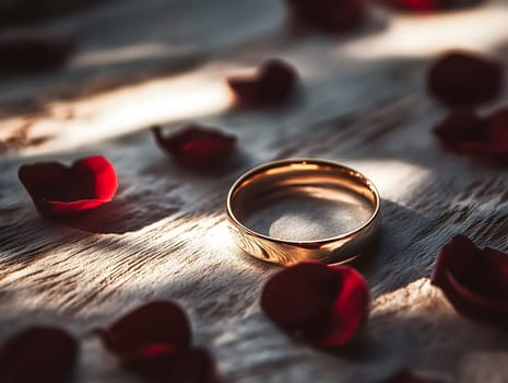 AI generated image of elegant golden ring placed on textured wooden table surrounded by scattered red rose petals under warm sunlight, evoking romance, love and commitment
