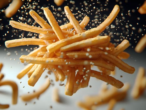 AI generated image of golden crispy french fries captured mid-air with grains of salt falling around them against a dark moody background, emphasizing motion and texture