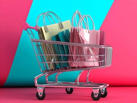 AI generated image of metallic shopping cart filled with various colorful shopping bags placed against a vibrant pink and turquoise studio background