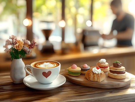 AI generated image of heart-decorated cappuccino with colorful pastries on wooden counter in a warm cafe setting, with blurred barista in the background and soft morning light