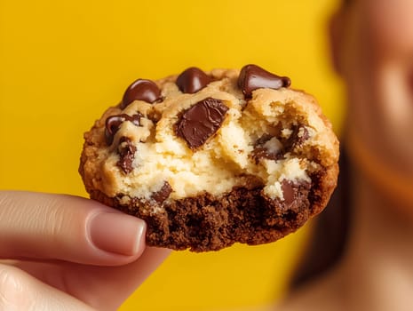 AI generated image of a hand holding a half-eaten chocolate chip cookie in front of a smiling face and bright yellow background