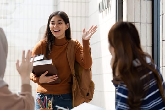 A student arrives at the cafe, excited to catch up with friends, showcasing enthusiasm and the joy of learning together.