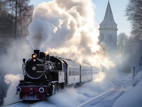 AI generated image of old-fashioned steam locomotive traveling through a snow-covered forest landscape with thick smoke and a tall tower in the background on a cold winter day