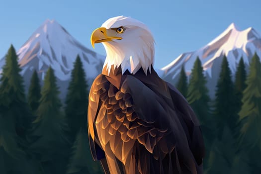 A bald eagle stands proudly on a rocky outcrop, showcasing its sharp gaze and striking plumage. Towering mountains form a stunning backdrop, complemented by lush evergreen trees under a clear sky.
