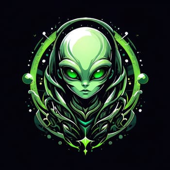 This artwork features a green alien character with large, expressive eyes, surrounded by elaborate patterns. The intricate design highlights a sci fi theme, set against a dark backdrop.