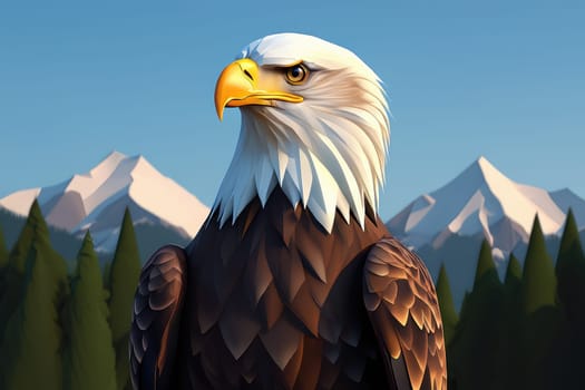 A striking eagle with a white head and sharp yellow beak stands proudly in front of snow capped mountains. Lush green trees frame the background, creating a tranquil natural setting.