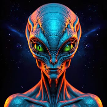A striking alien figure with luminous blue skin and piercing green eyes stands against a starry cosmic background.