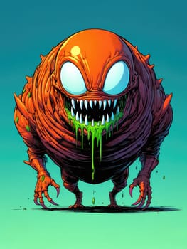 A whimsical and colorful cartoon monster with a round, orange body is grinning with sharp teeth. Vivid green slime drips from its mouth, set against a smooth gradient background.