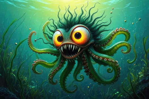 A vibrant and colorful cartoon octopus with large eyes and sharp teeth is swimming through a lively underwater environment filled with seaweed and bubbles. Light filters from above.