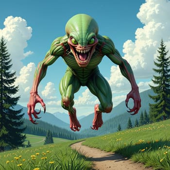 A green, muscular creature with large eyes and an expressive face leaps energetically across a grassy path. Lush trees and mountains fill the background, creating a vivid natural setting.