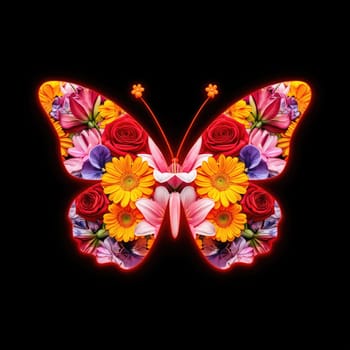 A butterfly design showcases a variety of vibrant flowers including roses, daisies, and lilies against a solid black background. The colorful arrangement creates a striking visual effect.