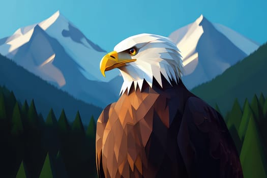 A detailed and striking view of a bald eagle standing proudly on a rocky surface. Majestic mountains rise in the background under a clear blue sky, highlighting natures beauty.