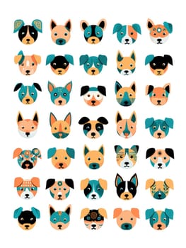 This artwork features a vibrant grid of dog faces, each showcasing distinct colors, patterns, and expressions.