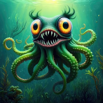 A vibrant sea creature with large orange eyes and sharp teeth moves through underwater vegetation. Its green tentacles spread wide, adding to the enchanting aquatic scene.