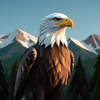 A majestic eagle stands proudly on a rocky outcrop, surrounded by tall evergreen trees and snow capped mountains. The clear blue sky highlights the beauty of this wild setting.
