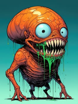 A vibrant cartoon creature with an oversized head, large eyes, and sharp teeth displays bright orange skin and dripping green goo. The background features a gradient that enhances its detail.