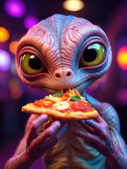An extraterrestrial creature is happily eating a slice of pizza, surrounded by vibrant neon lights.