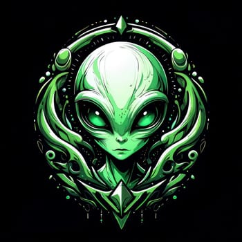 An eye catching alien artwork showcases a green extraterrestrial figure surrounded by elaborate, swirling patterns.