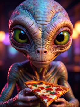 A green eyed alien is savoring a slice of pizza, with a lively nightlife backdrop filled with colorful lights. The atmosphere feels vibrant and otherworldly, creating an interesting contrast.
