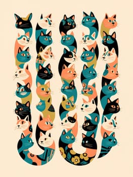 Various stylized cat illustrations feature diverse colors and patterns, showcasing different breeds and expressions. This collage captures the playful essence of felines in an artistic format.